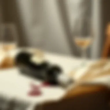 A bottle of wine spilling on a tablecloth