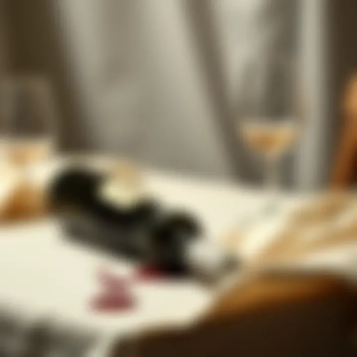 A bottle of wine spilling on a tablecloth