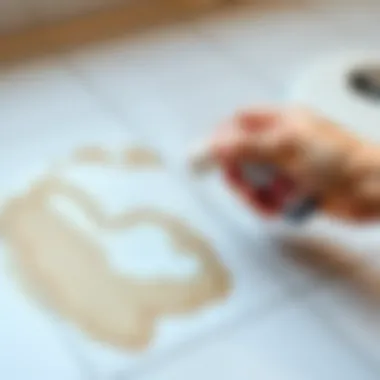 Applying the Cleaning Solution to the Surface A hand applying cleaning solution to a stained area