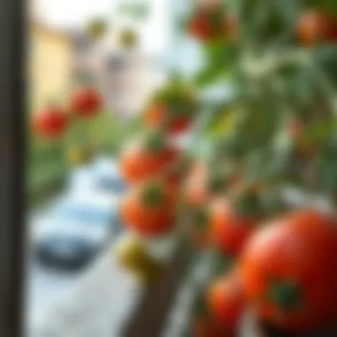 Close-up of fresh tomatoes growing on the balcony