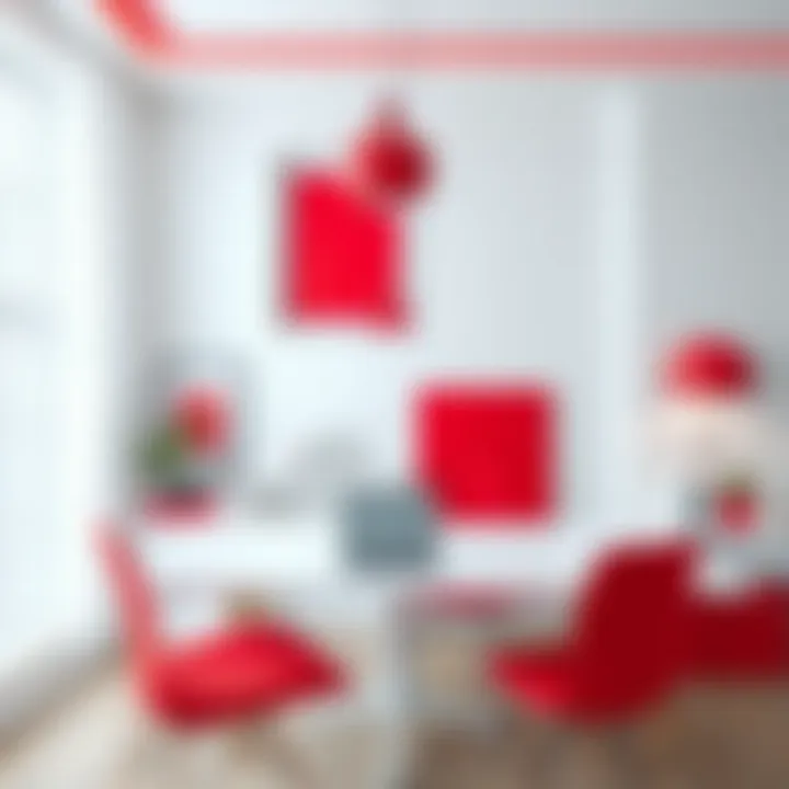 Modern Workspace with Bold Red Elements Modern workspace blending white and bold red elements