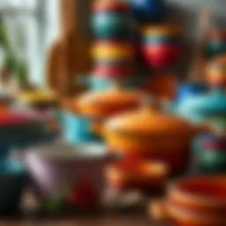 Beautifully arranged ceramic cookware showcasing vibrant colors