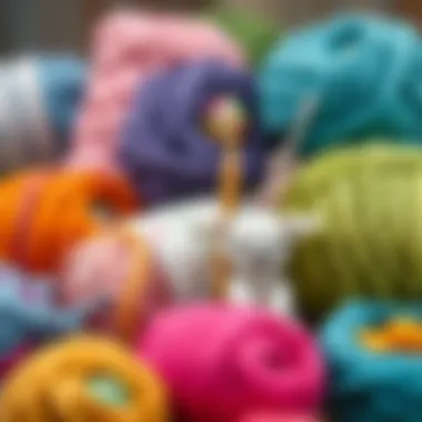A selection of colorful yarns and crochet hooks arranged artistically for crafting.