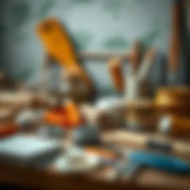 Selection of tools and materials for decorative wall painting