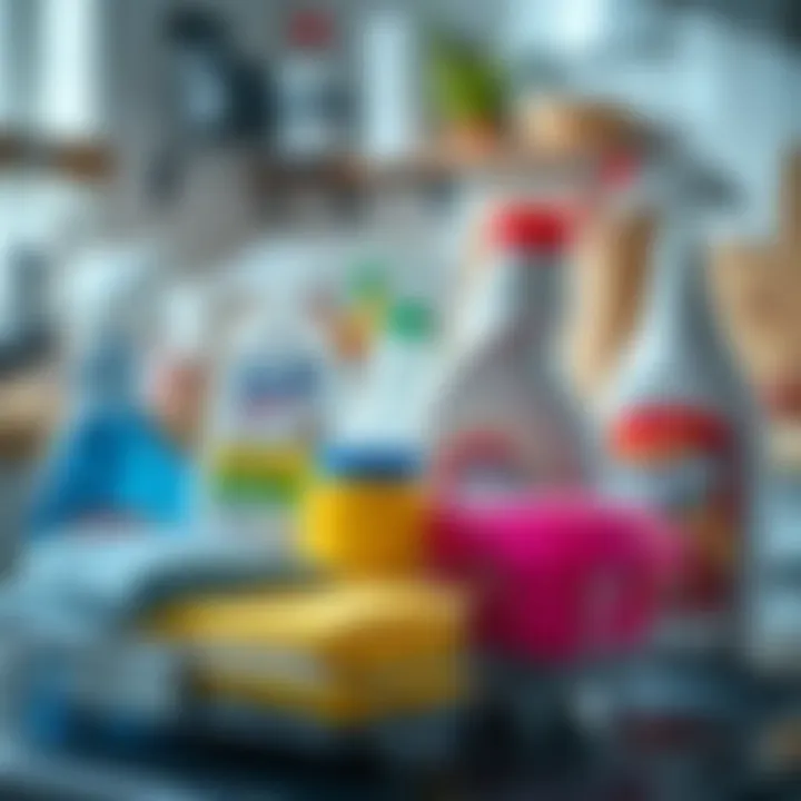 Essential Cleaning Supplies Essential cleaning supplies neatly arranged for dishwasher maintenance