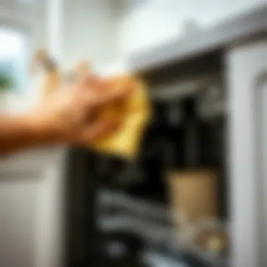 Wiping Down the Exterior A person using a cloth to wipe down the dishwasher exterior