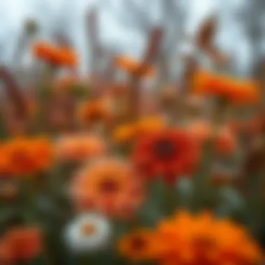 An autumn scene featuring a variety of flowers with rich warm hues.