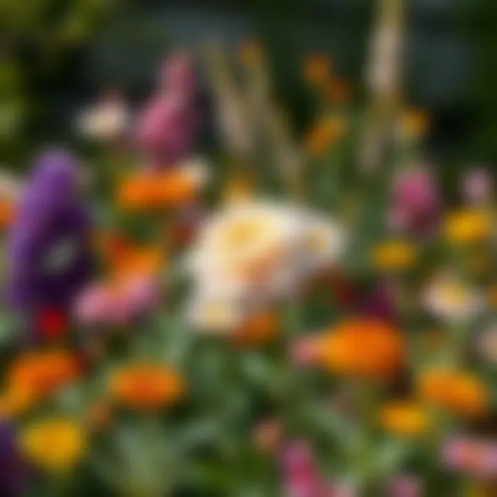 A vibrant spring garden showcasing various seasonal flowers in full bloom.