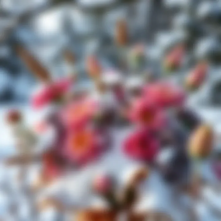 A winter arrangement of hardy flowers amidst a snowy backdrop.