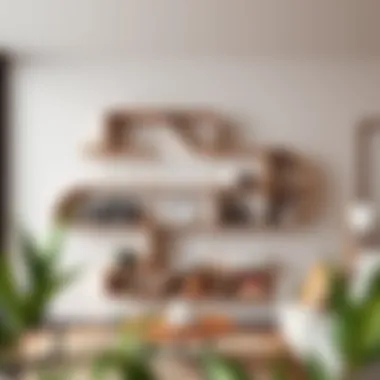 Modern wall-mounted bookshelf showcasing books and decorative items in a stylish living room