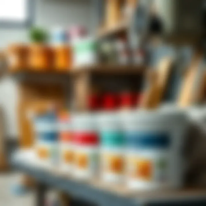 A close-up of eco-friendly paint buckets lined up in a workshop