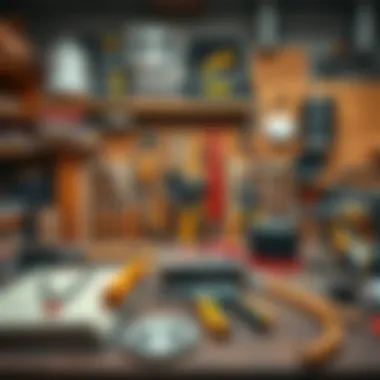 Soundproofing Tools and Materials Setup An array of soundproofing tools and materials organized neatly on a workbench.