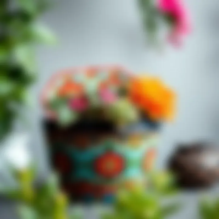 Decorative planter with vibrant colors and patterns