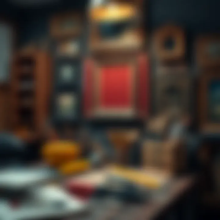 An artist's workspace with tools and completed frames