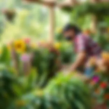 Caring for Seasonal Plants in a Lush Garden A gardener tending to seasonal plants in a lush garden setting