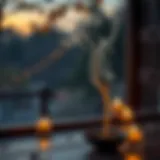 A serene evening scene with incense smoke curling in the air.