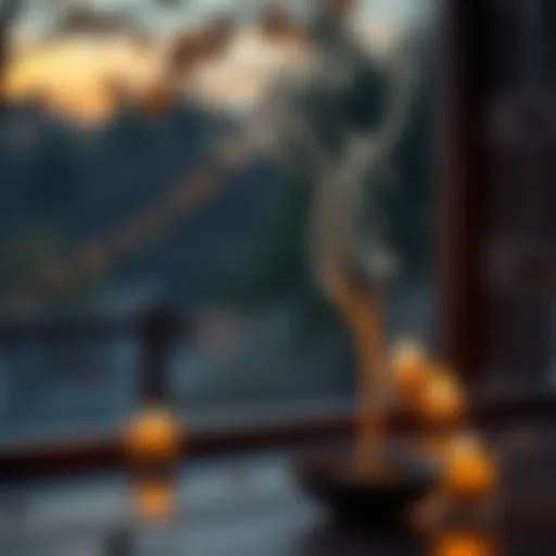 A serene evening scene with incense smoke curling in the air.