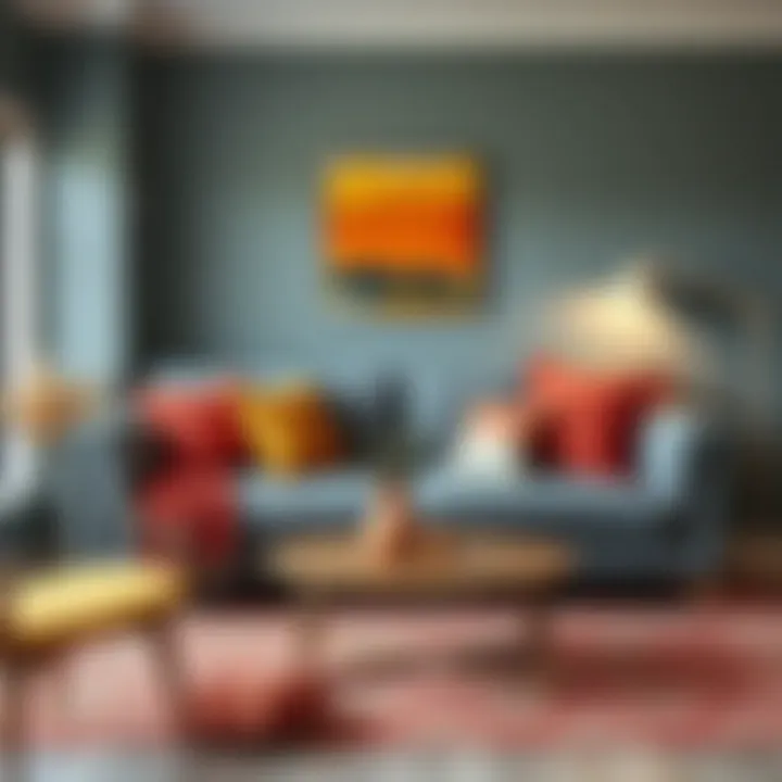 Grey sofa paired with vibrant color accents