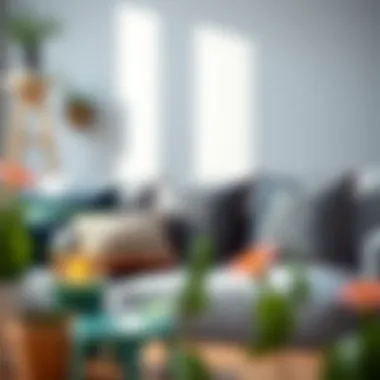 Stylish grey couch with decorative cushions