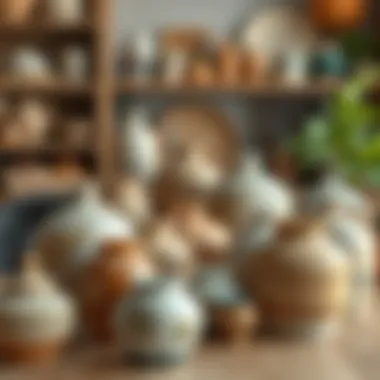 An artistic display of handmade pottery with unique designs