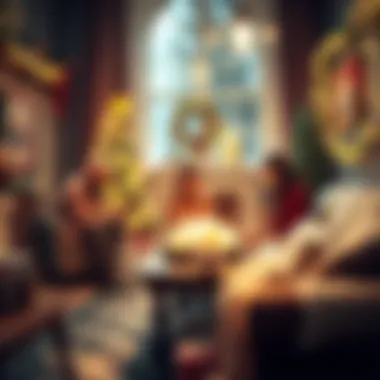 A cozy setting with holiday decorations and a gift exchange