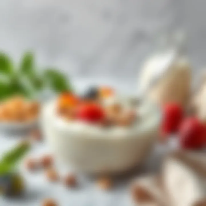 A delicious bowl of homemade yogurt garnished with fruits and nuts, inviting and appealing to the senses.