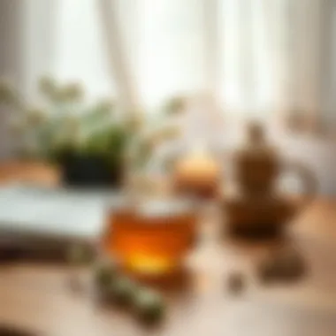 A serene setting with a cup of linden tea beside a book and a candle.