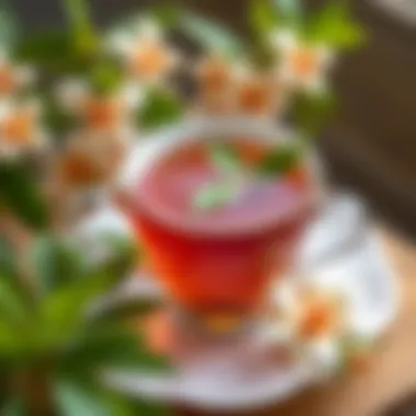 A beautifully set teacup filled with linden tea, surrounded by fresh linden leaves.