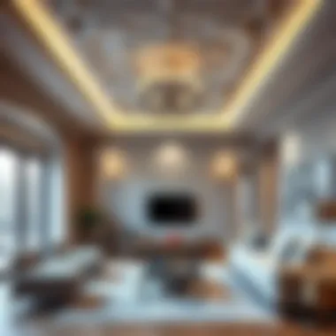 Contemporary living room showcasing intricate ceiling details