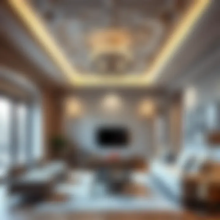 Contemporary living room showcasing intricate ceiling details