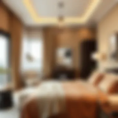 Stylish bedroom with brown and beige decor