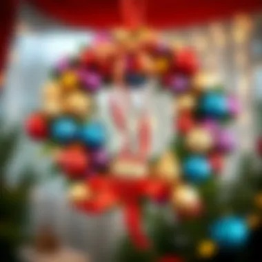 Colorful wreath made of ornaments and ribbons