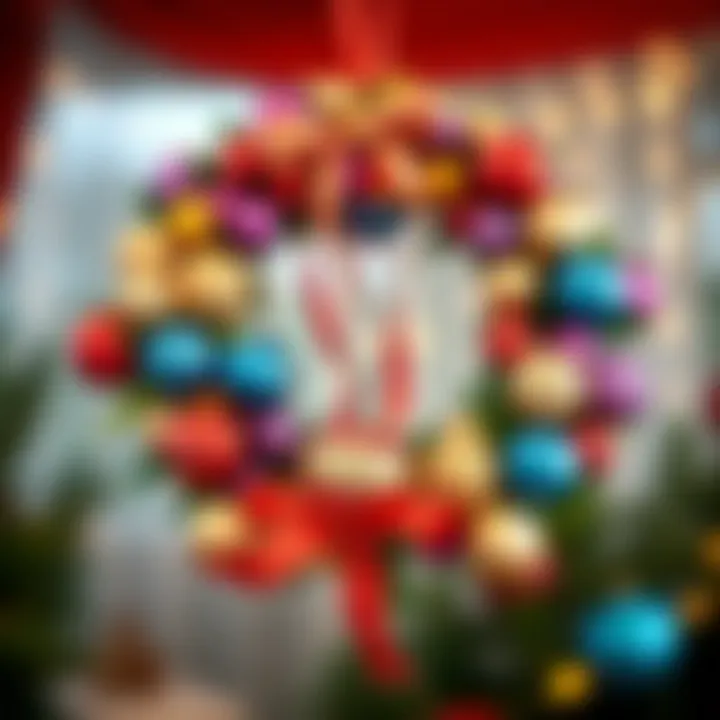 Colorful wreath made of ornaments and ribbons