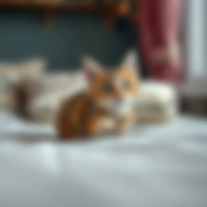 A cat exploring its new bed with curiosity.