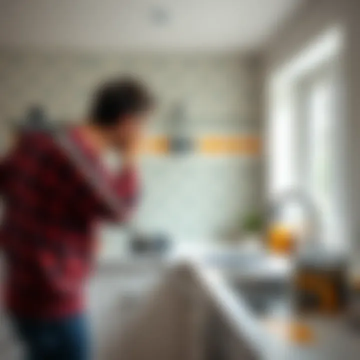 Unique Pattern Application A close-up of a painter applying a unique pattern on kitchen walls.