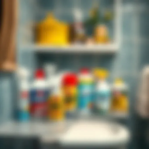 A selection of rust removers on a bathroom shelf