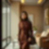 Elegant outfit featuring dark brown hues complemented by soft beige accents