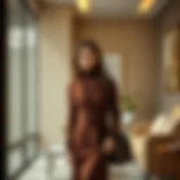 Elegant outfit featuring dark brown hues complemented by soft beige accents