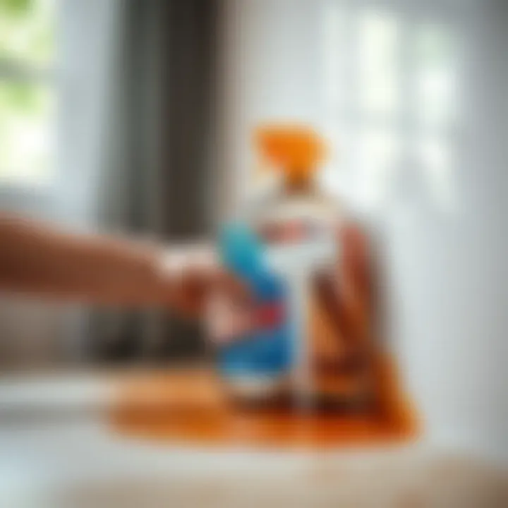 Demonstration of applying a cleaning solution to a stained area