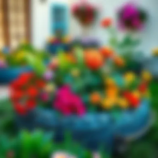 Colorful tire flower bed with blooming plants