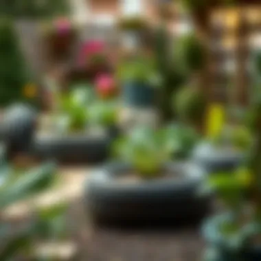 Decorative tire planters enhancing garden aesthetics