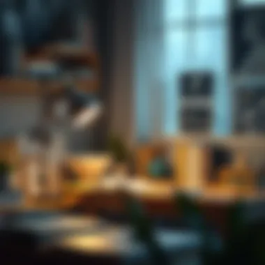 A well-organized study space illuminated by a lamp