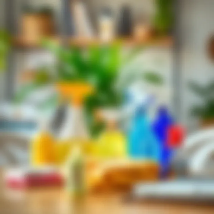 Cleaning supplies arranged neatly on a table