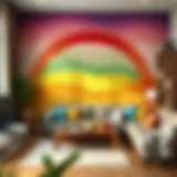 Vibrant Living Room Transformation Colorful rainbow wall mural in a cozy living room