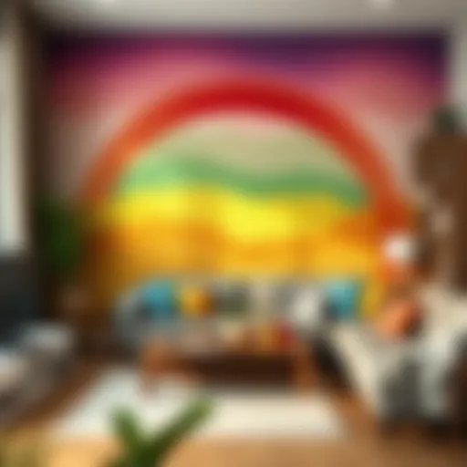 Vibrant Living Room Transformation Colorful rainbow wall mural in a cozy living room