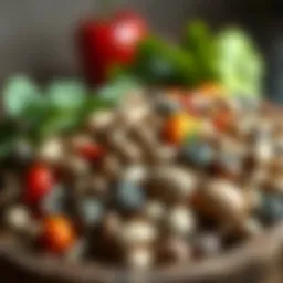 A close-up of various vegetable seeds in a wooden container