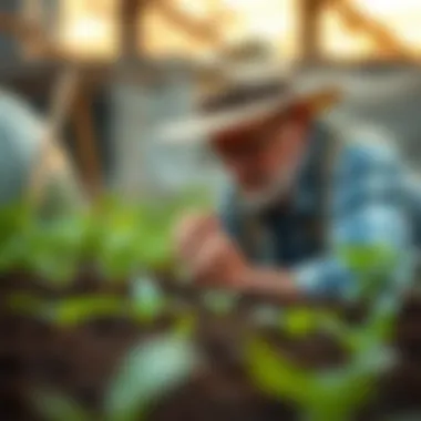 A farmer examining soil quality before planting seeds