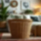 Elegant wicker basket used for storage in a cozy living room