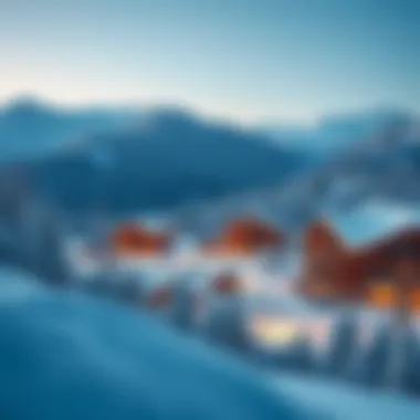 A scenic winter landscape with snow-covered mountains and a ski resort