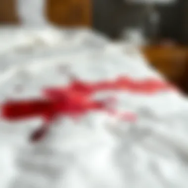 A close-up of a blood stain on white bed linens, highlighting the intensity of the color.